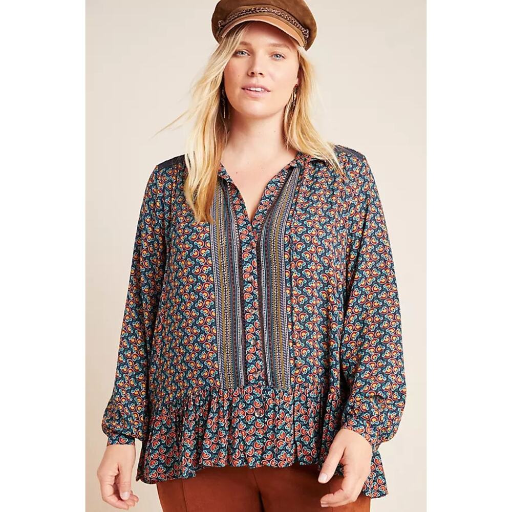 Maeve by‎ Anthropologie Floral Peasant Blouse V-Neck Tunic Size 6